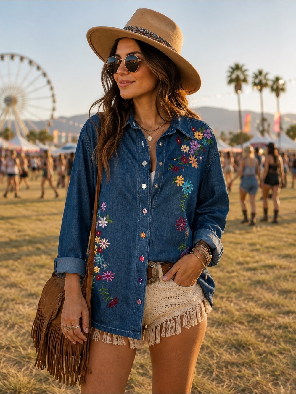 Vintage Silver Threads Embroidered Denim Button-Down Shirt - Blue